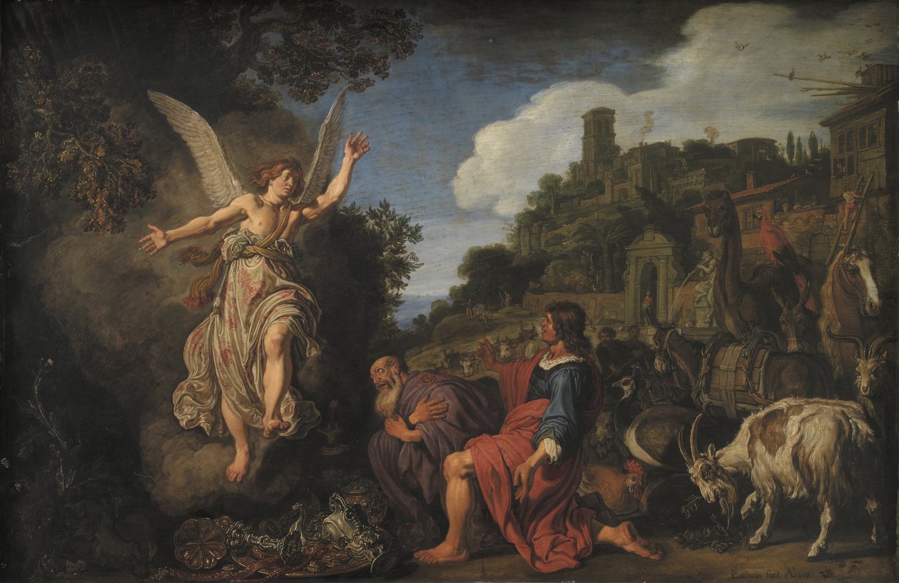 De engel Rafaël neemt afscheid van oude Tobit en zijn zoon Tobias door Pieter Lastman