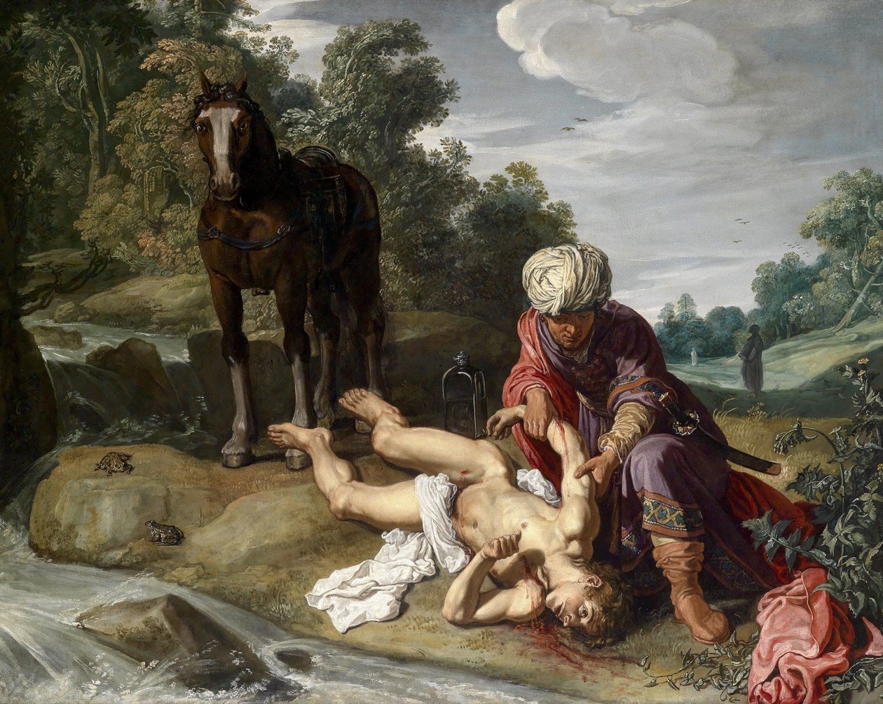 De barmhartige Samaritaan verzorgt de wonden van de reiziger (Lucas 10:25-37) door Pieter Lastman
