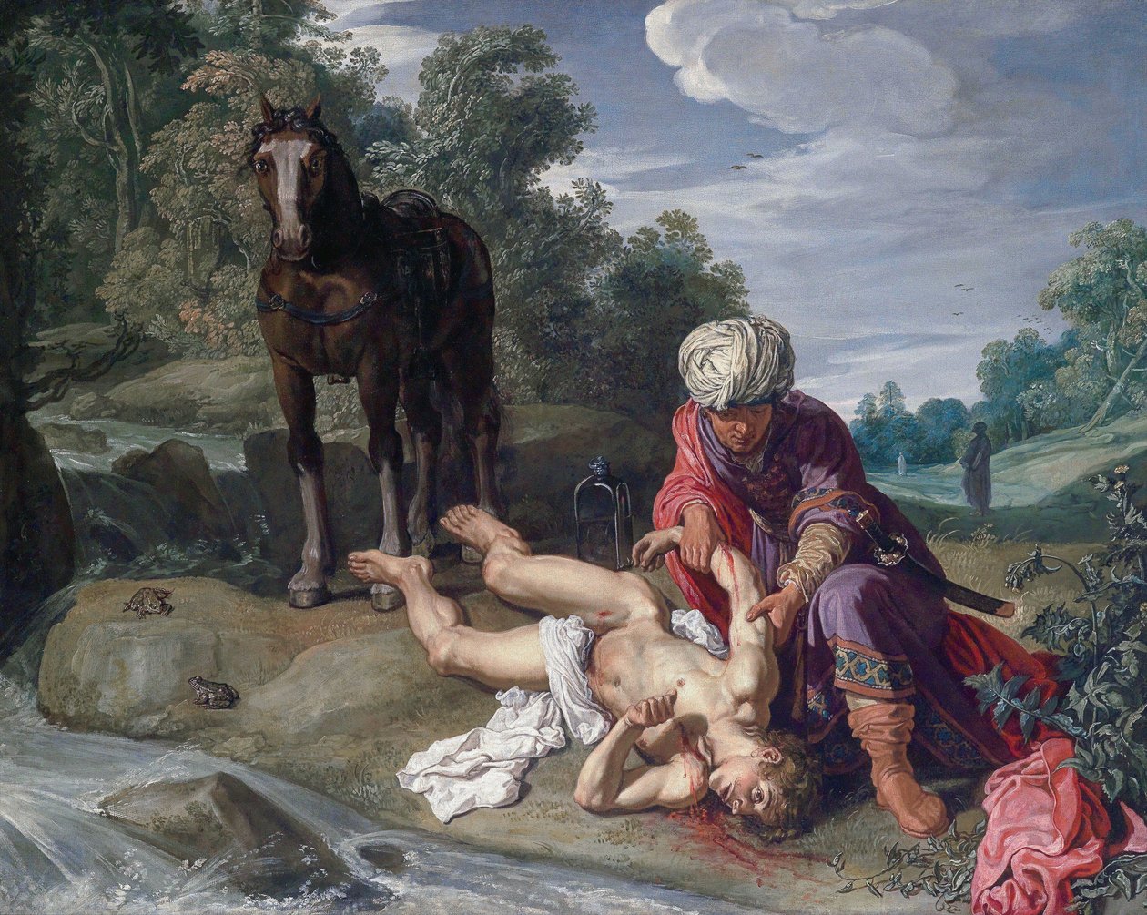 De barmhartige Samaritaan verzorgt de wonden van de reiziger (Lucas 10:25-37) door Pieter Lastman