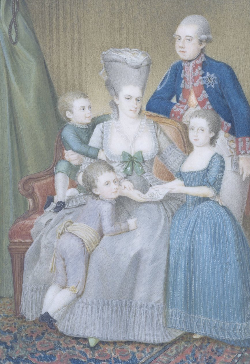 Willem V (1748-1806), prins van Oranje-Nassau, met zijn vrouw Frederika Sophia Wilhelmina van Pruisen en hun kinderen Frederica Louisa Wilhelmina, Willem Frederik en Willem George Frederik door Pieter Lesage