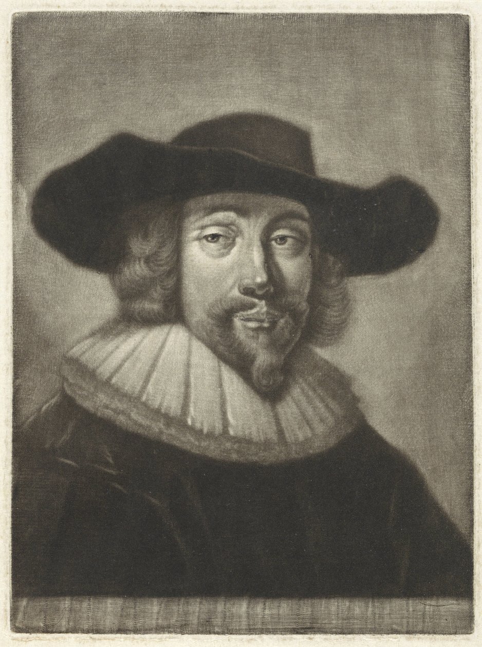 Portret van een man met een hoed en kraag door Pieter Louw
