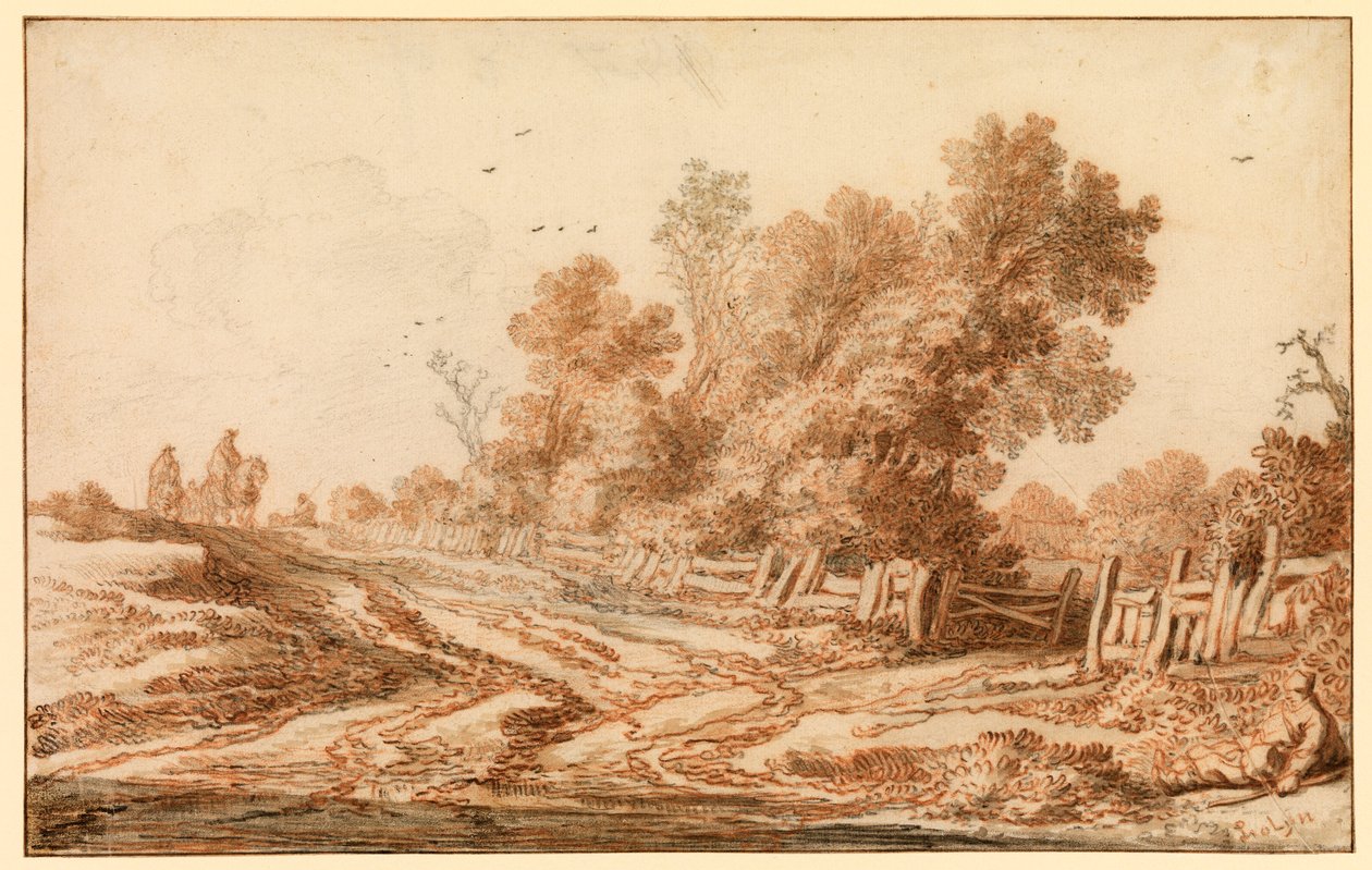 Landschap met reizigers op een weg door Pieter Molijn