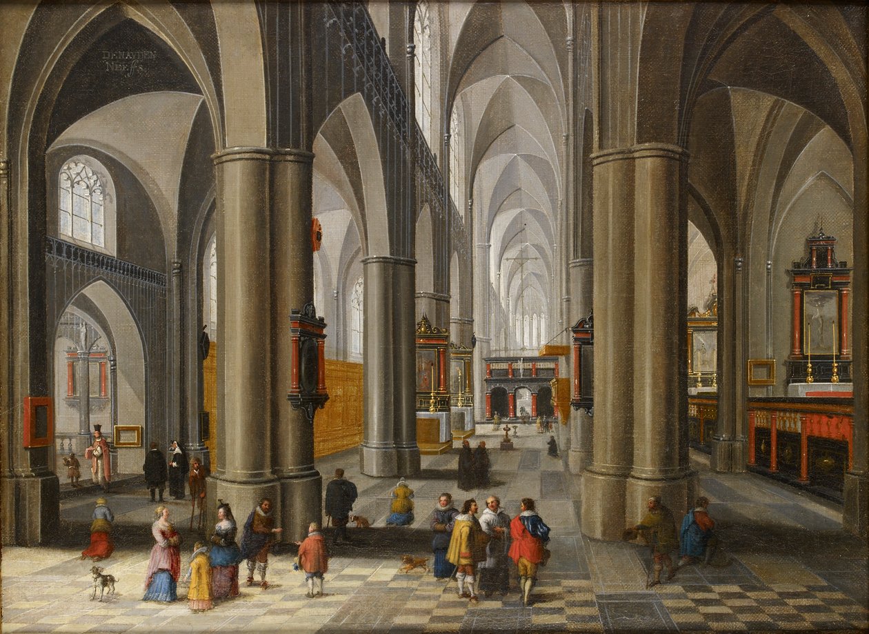 Interieur van een kathedraal met figuren, 1640-1660 door Pieter Neefs