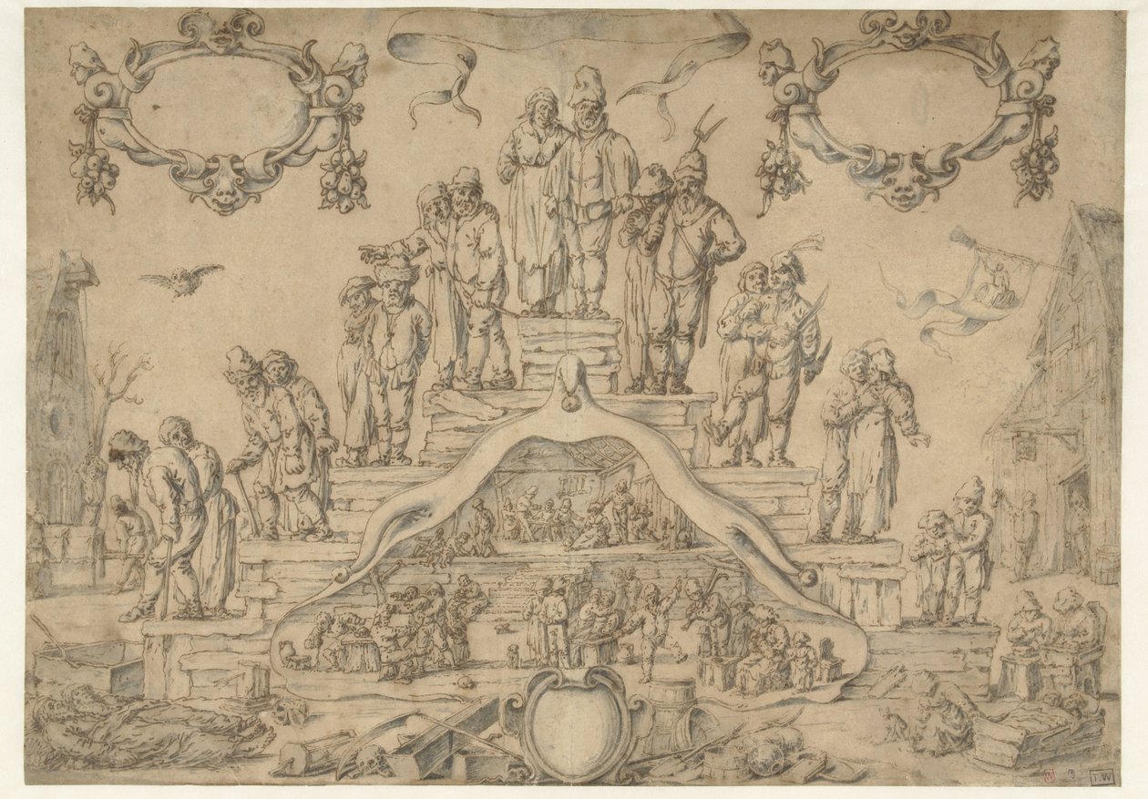 Trap des Ouderdoms met boeren en boerinnen door Pieter Nolpe (attributed to)