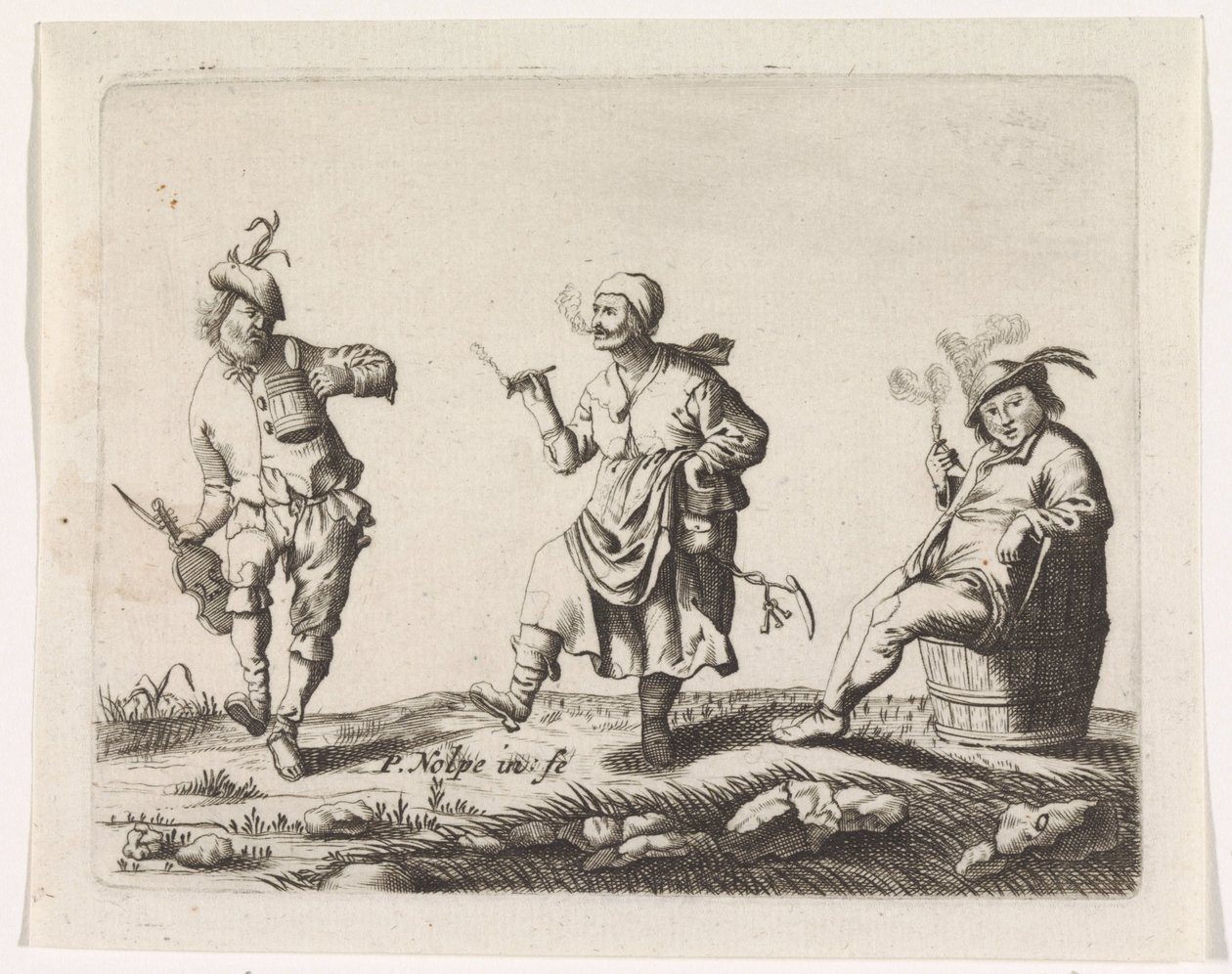 Dansende boer en boerin en een man op een ton door Pieter Nolpe