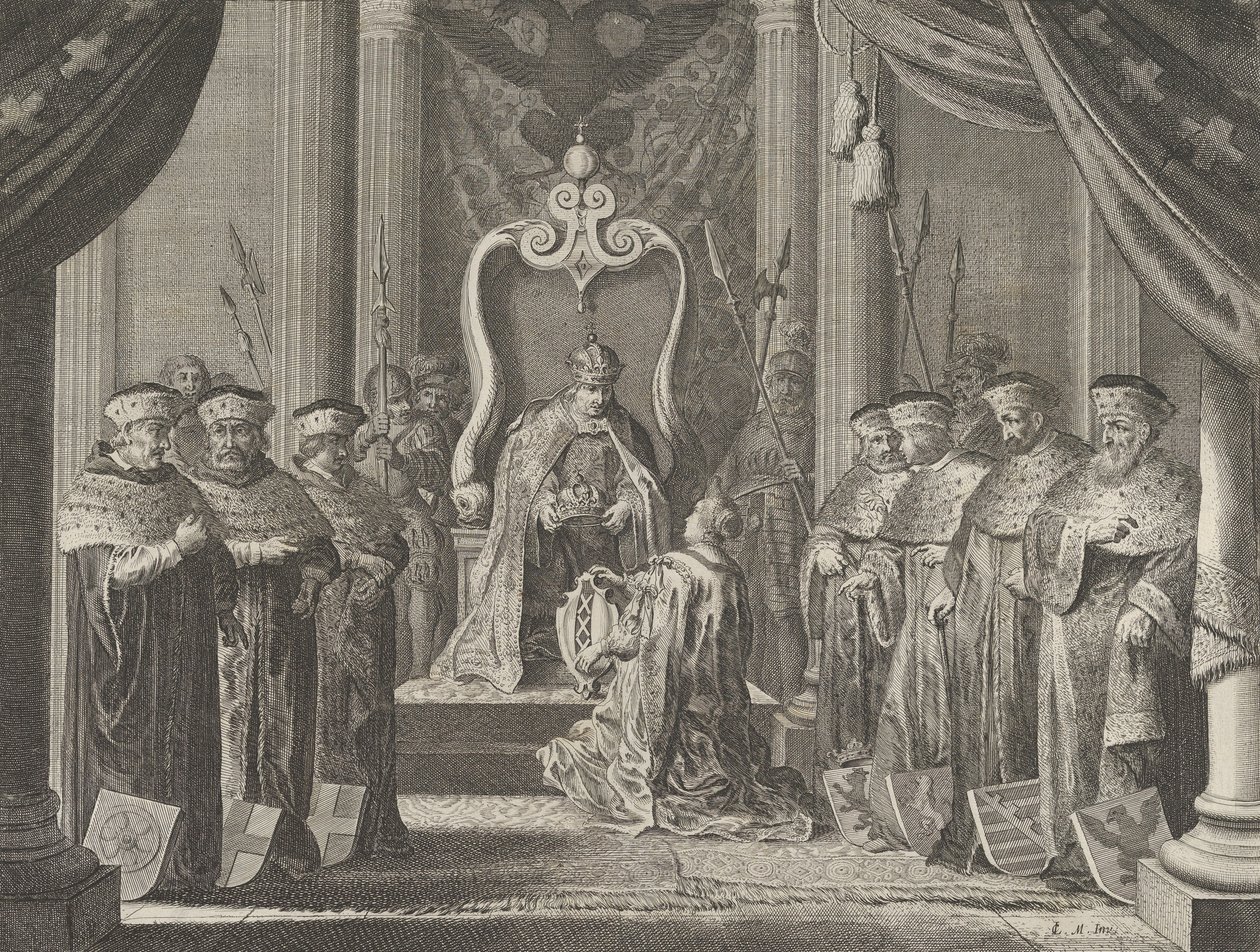 Plaat 8: Keizer Maximiliaan II verleent een kroon aan het wapen van Amsterdam, uit Cas..., 1638 door Pieter Nolpe