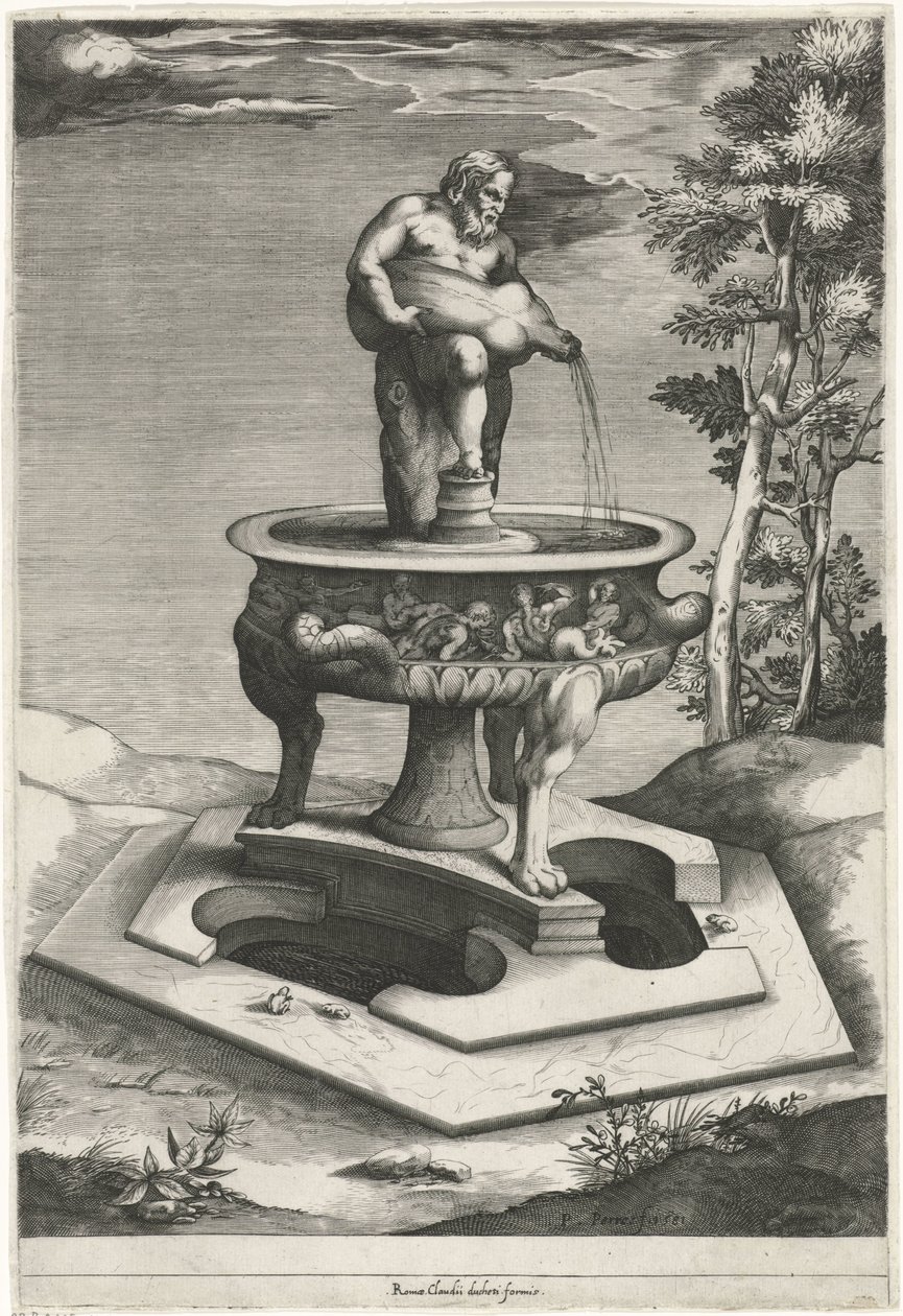 Fontein met Silenus in de tuinen van Palazzo Cesi in het Vaticaan door Pieter Perret