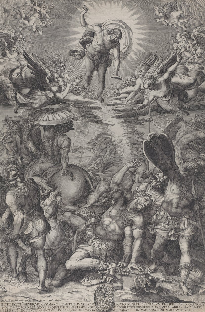 De Bekering van Saul, die op de grond ligt omringd door paarden en soldaten terwijl Christus... door Pieter Perret
