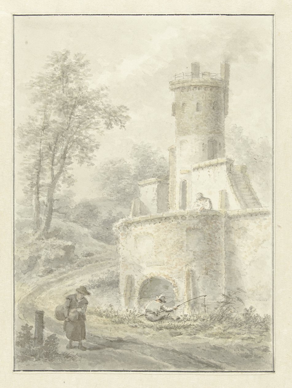 Landschap met hengelaar en wandelende vrouw bij een vestingtoren door Pieter Pietersz. Barbiers