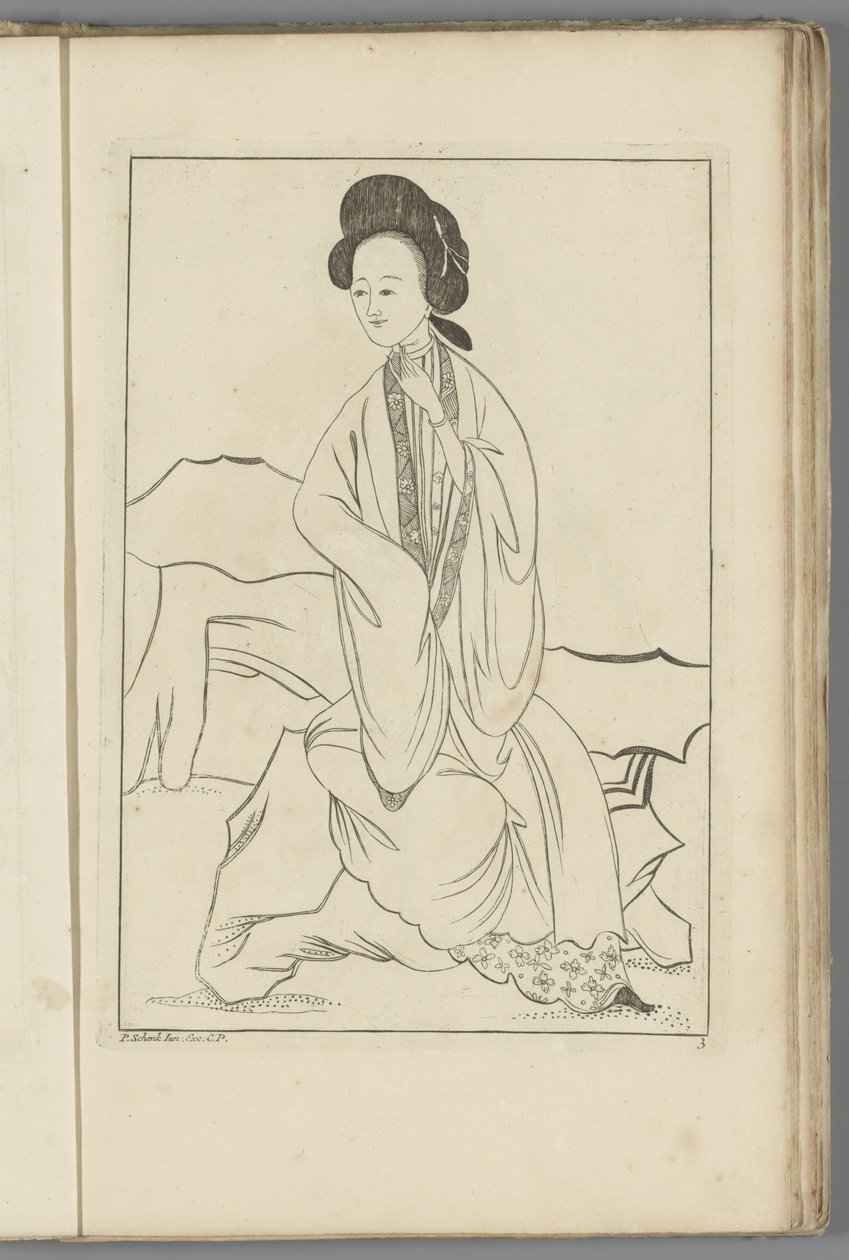 Chinese vrouw met haar rechterhand in de mouw van haar kimono door Pieter Schenk (II) (possibly)