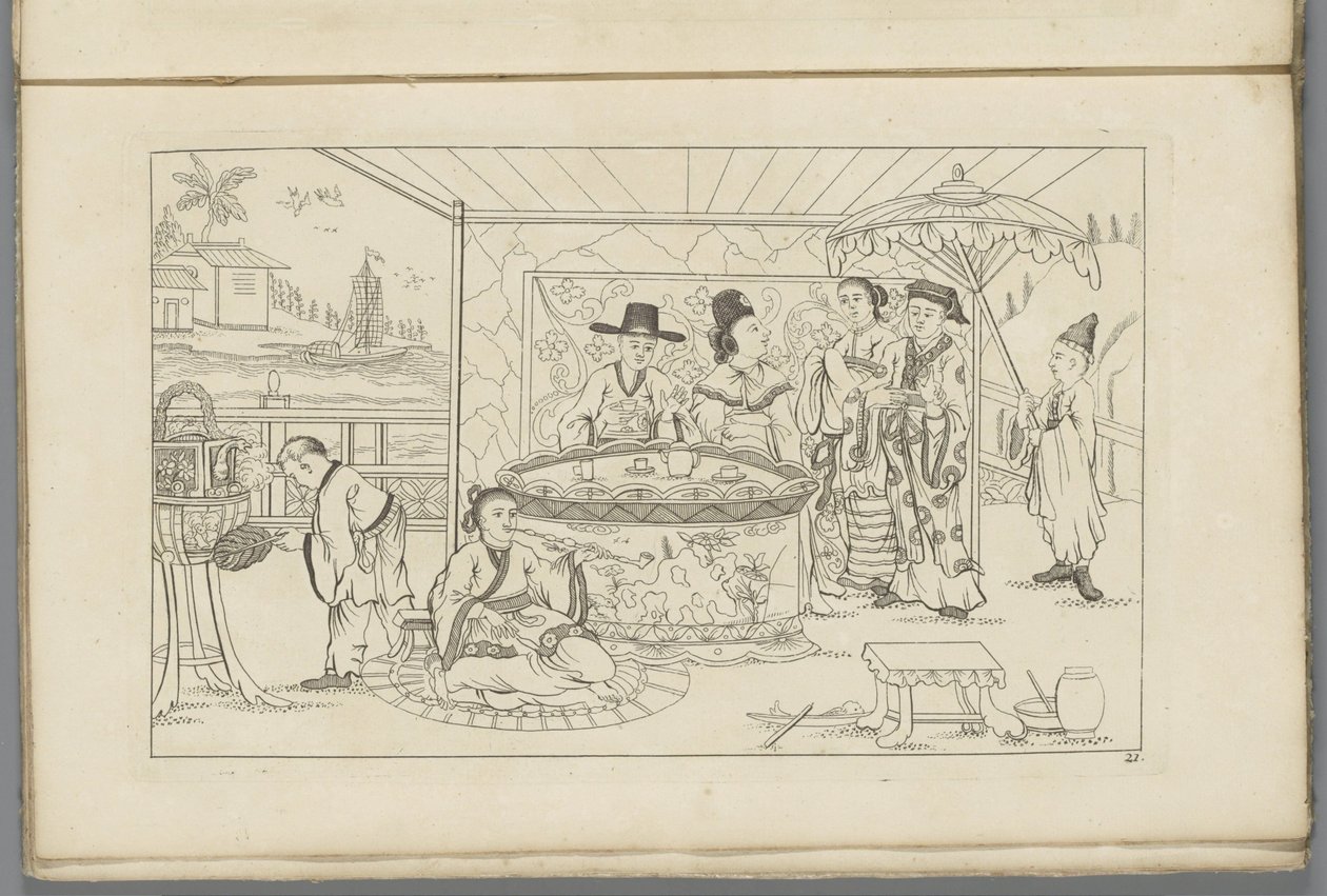 Chinese figuren rond een theetafel door Pieter Schenk (II)