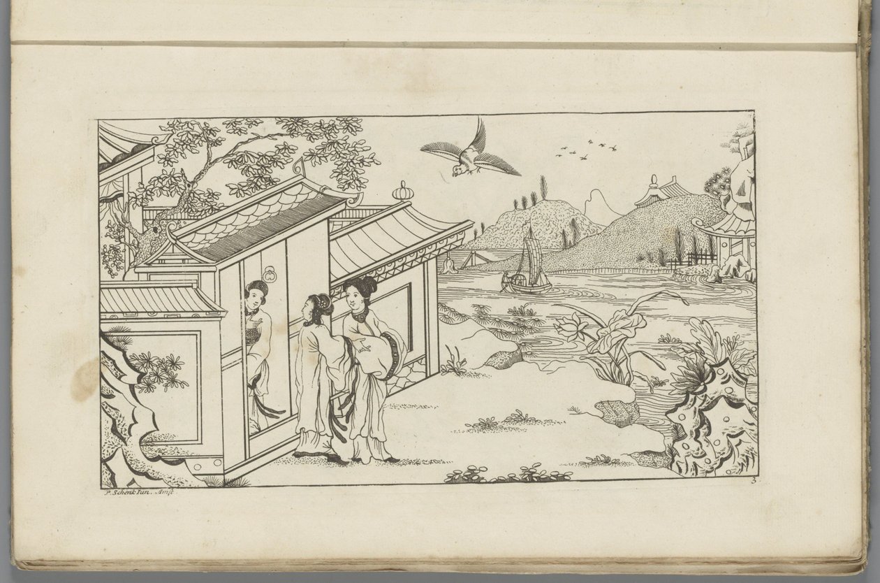 Landschap met drie Chinese vrouwen bij de deuropening van een huis (Nieuwe geinventeerde Sineesen) door Pieter Schenk (II)