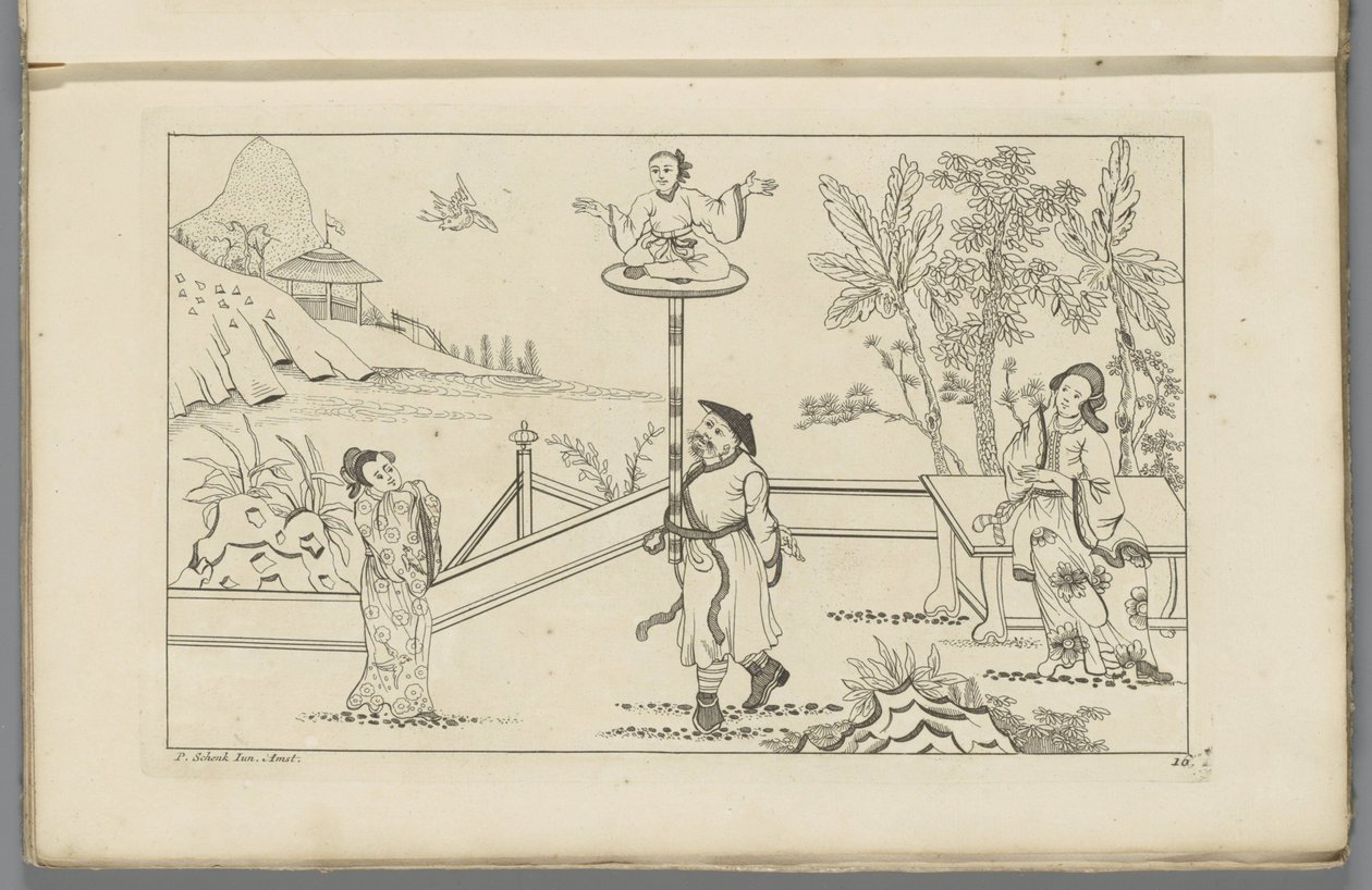 Landschap met figuur in kleermakerszit op een platform door Pieter Schenk (II)