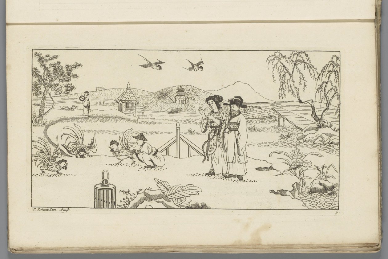 Landschap met toeschouwers bij een hanengevecht door Pieter Schenk (II)