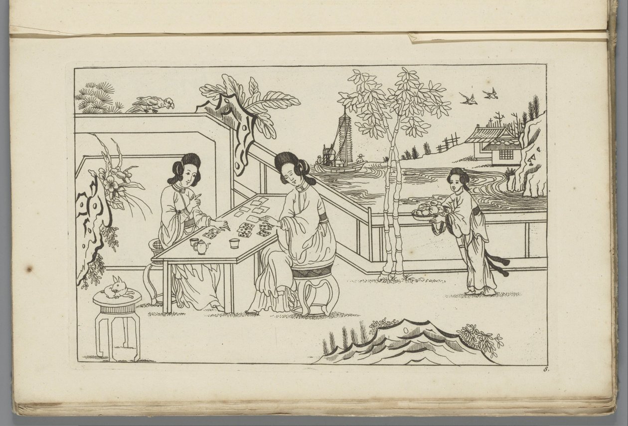 Landschap met twee Chinese vrouwen die een kaartspel spelen door Pieter Schenk (II)