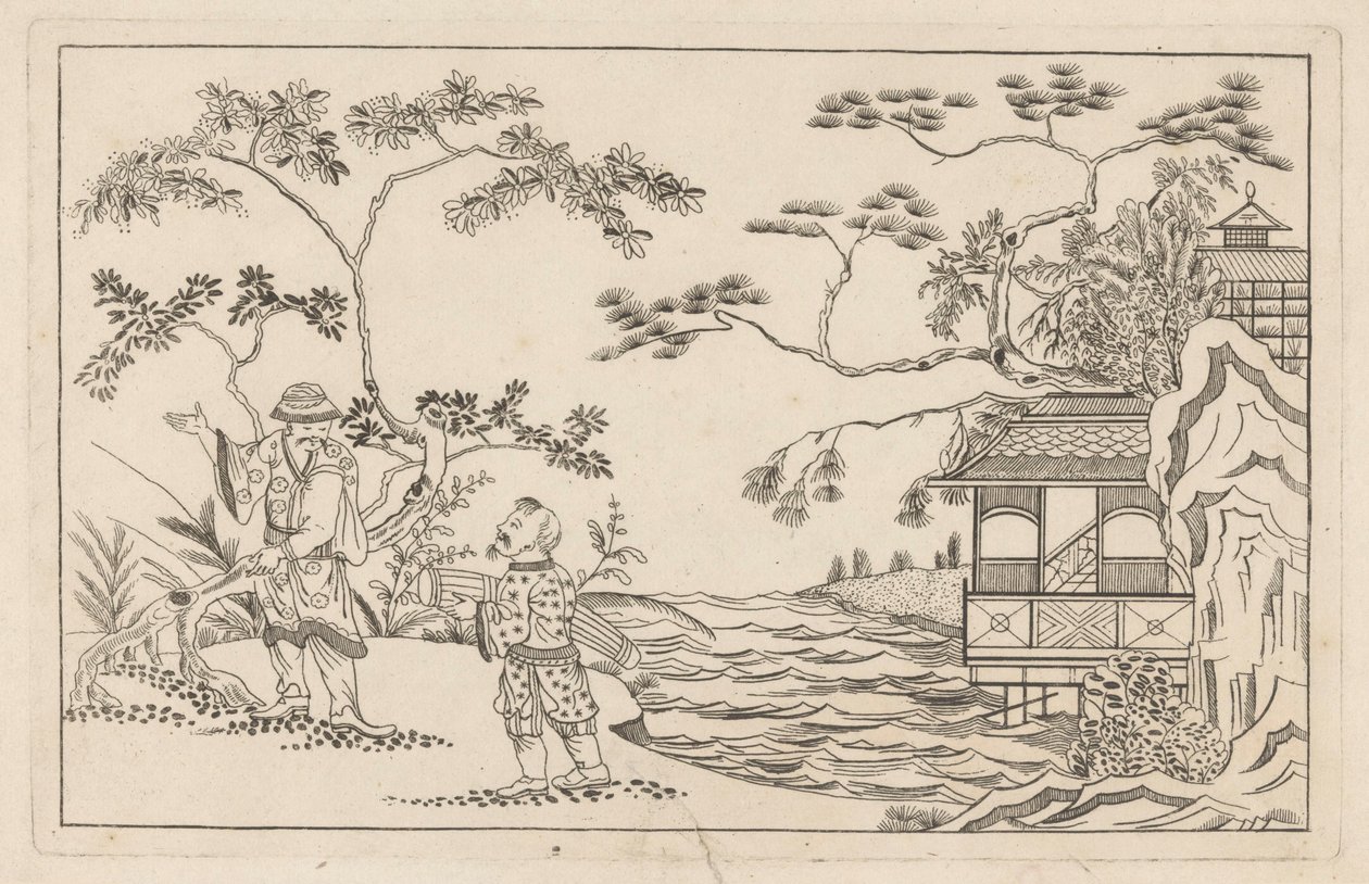 Twee Chinese mannen in een landschap door Pieter Schenk (II)