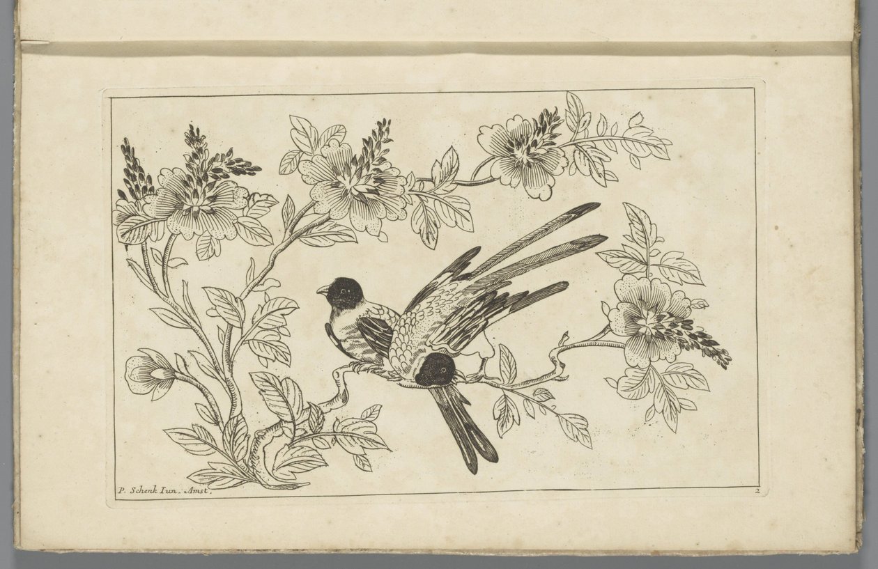 Twee vogels op een bloesemtak Chinese bloemen en vogels (serietitel) door Pieter Schenk (II)