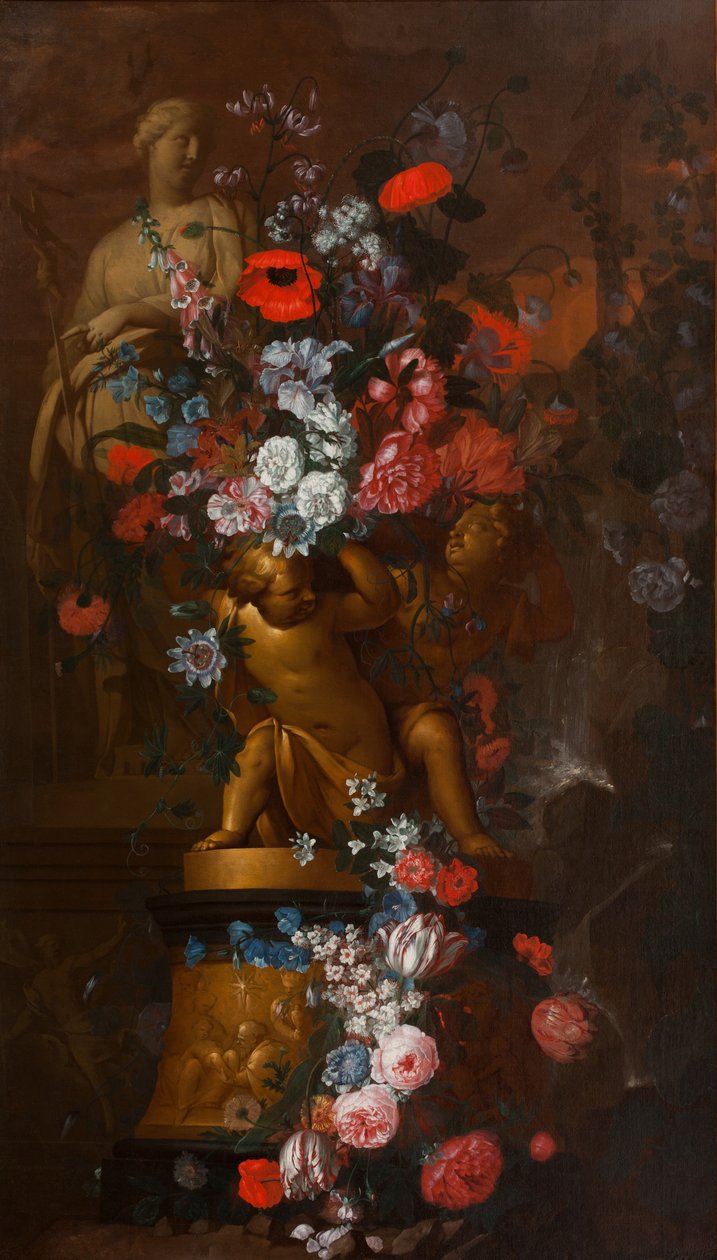 Overstromende bloemen met beelden van een heilige vrouw en gouden Putti op een sokkel met een kerststal in een tuin bij schemering, ca. 1690-1750 (olieverf op doek) door Pieter & Terwesten Mattheus (1670-1757) Hardime