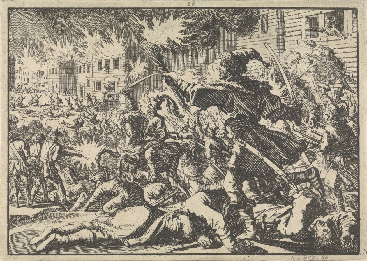 Gevechten in de straten van Moskou tussen Russen en Polen in 1611, 1698 door Pieter Van der Aa