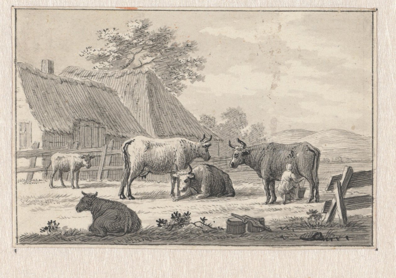 Boerenerf met melkende meid door Pieter de Goeje