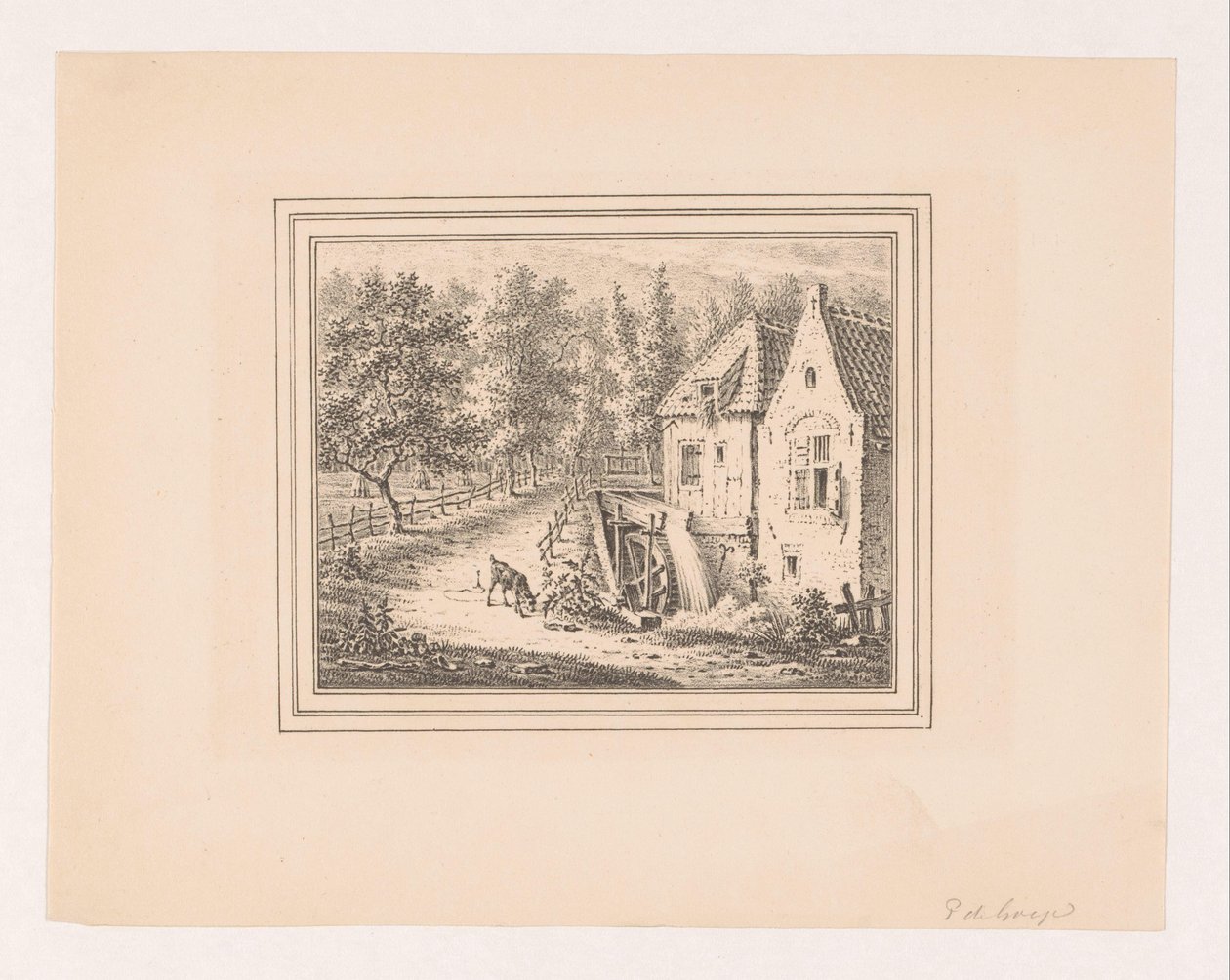 Landschap met watermolen en een grazende geit aan een touw door Pieter de Goeje