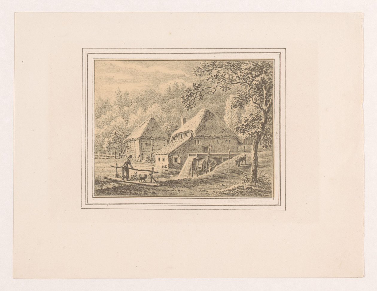 Landschap met watermolen en schuur door Pieter de Goeje