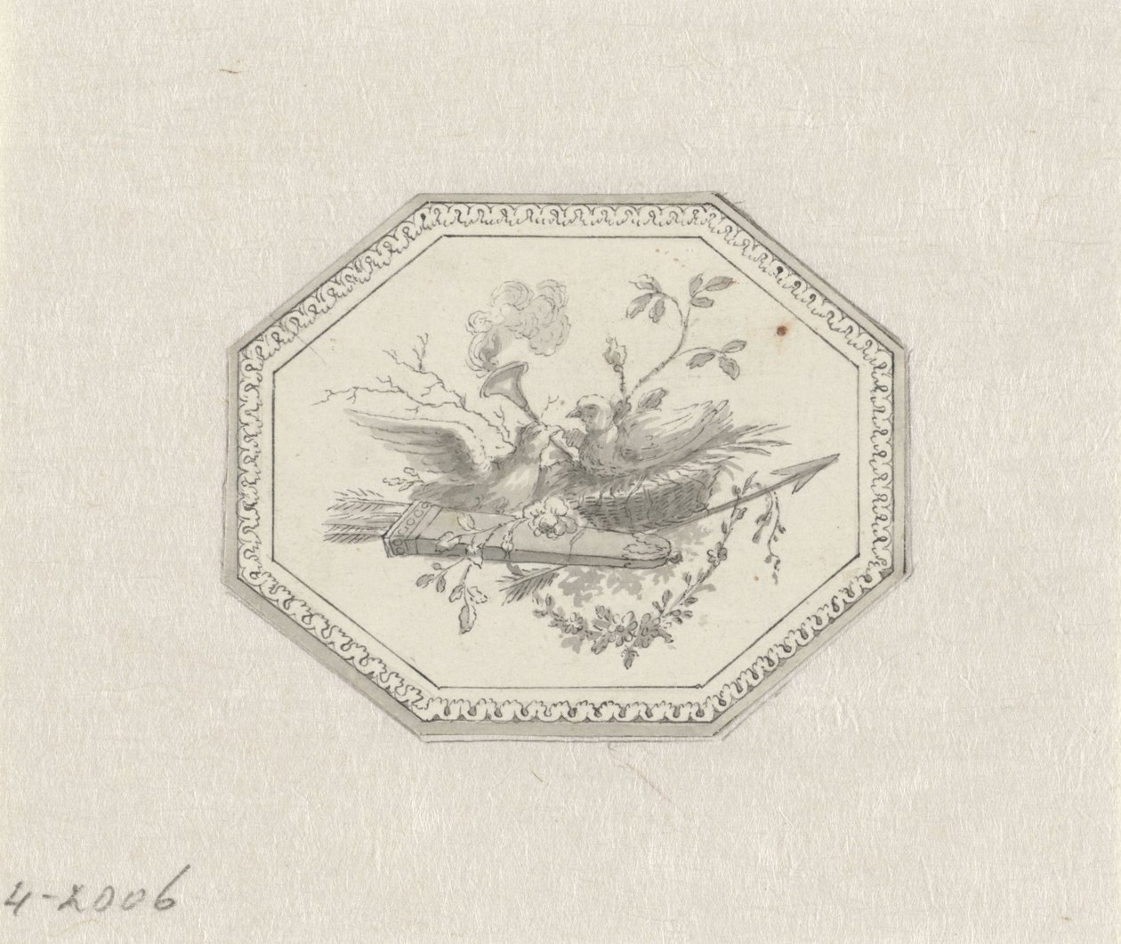 Vignet met stilleven met fruit door Pieter de Goeje