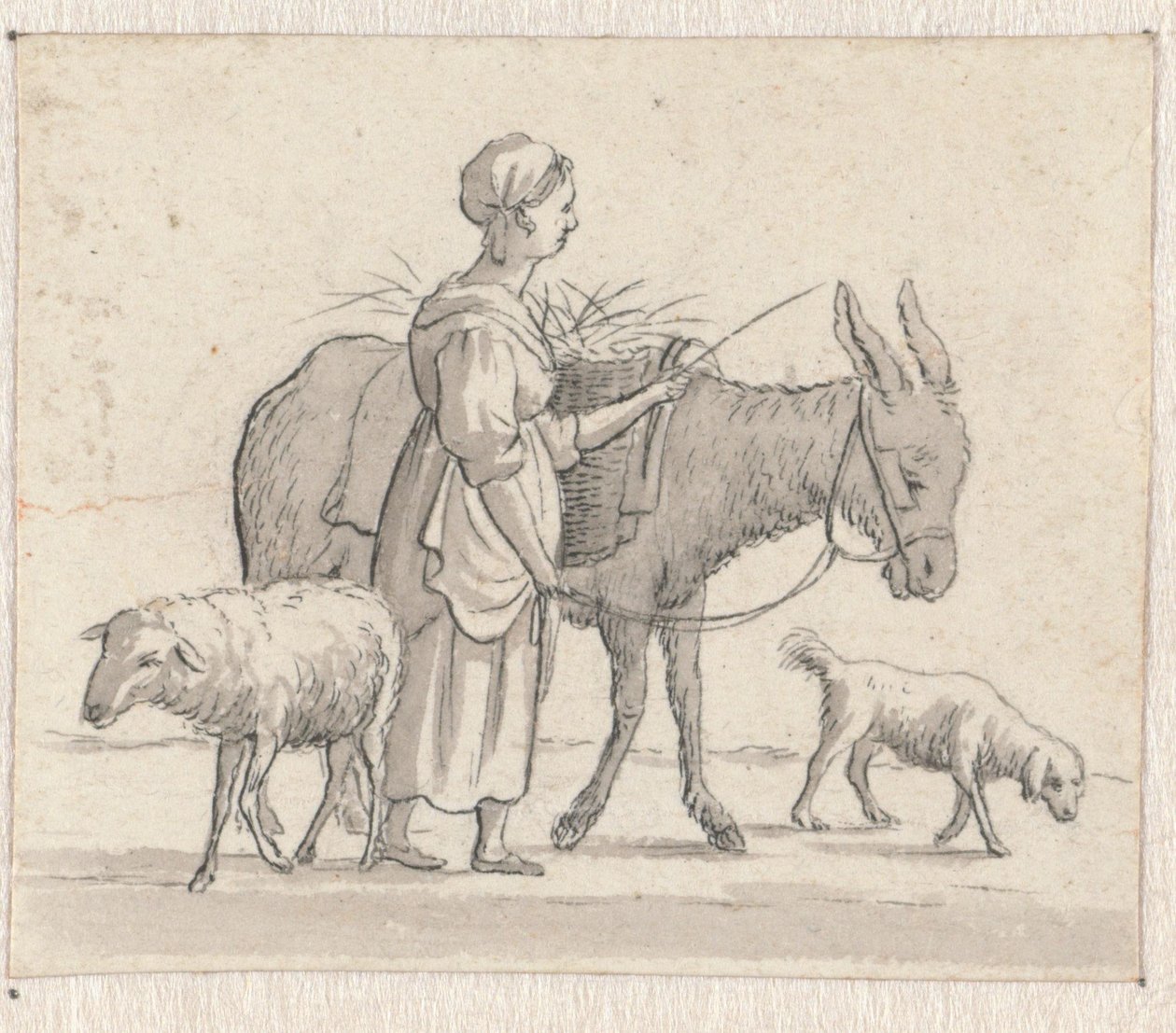 Vrouw met ezel, schaap en hond door Pieter de Goeje