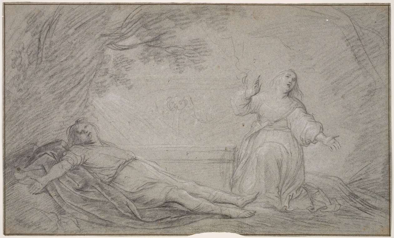 Een mythologische scène van een vrouw die rouwt om de dood van een jonge man door Pieter de Grebber