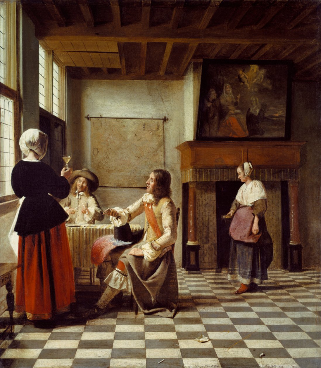 Een Interieur, met een Vrouw die Drinkt met Twee Mannen, en een Dienstmeid door Pieter de Hooch