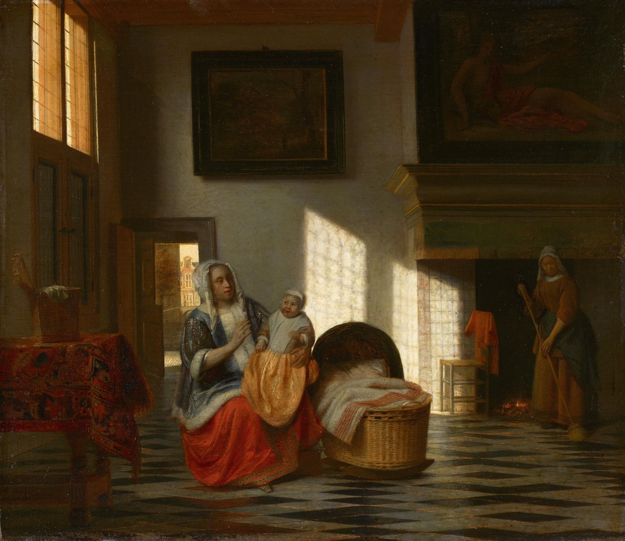 Binnenhuis met moeder en kind, „Moedervreugd“ door Pieter de Hooch