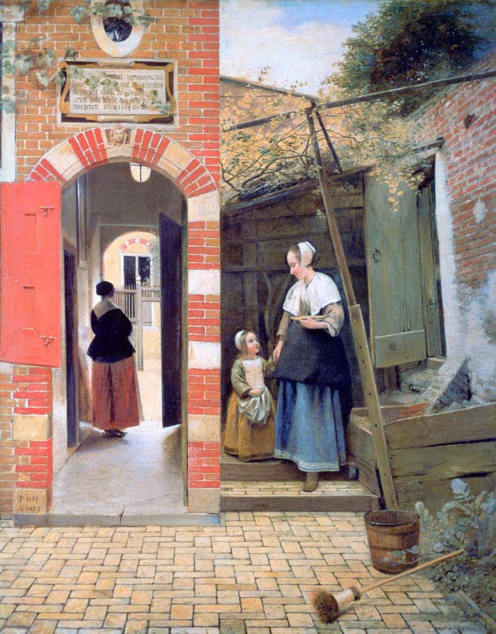 Binnenplaats van een huis in Delft door Pieter de Hooch