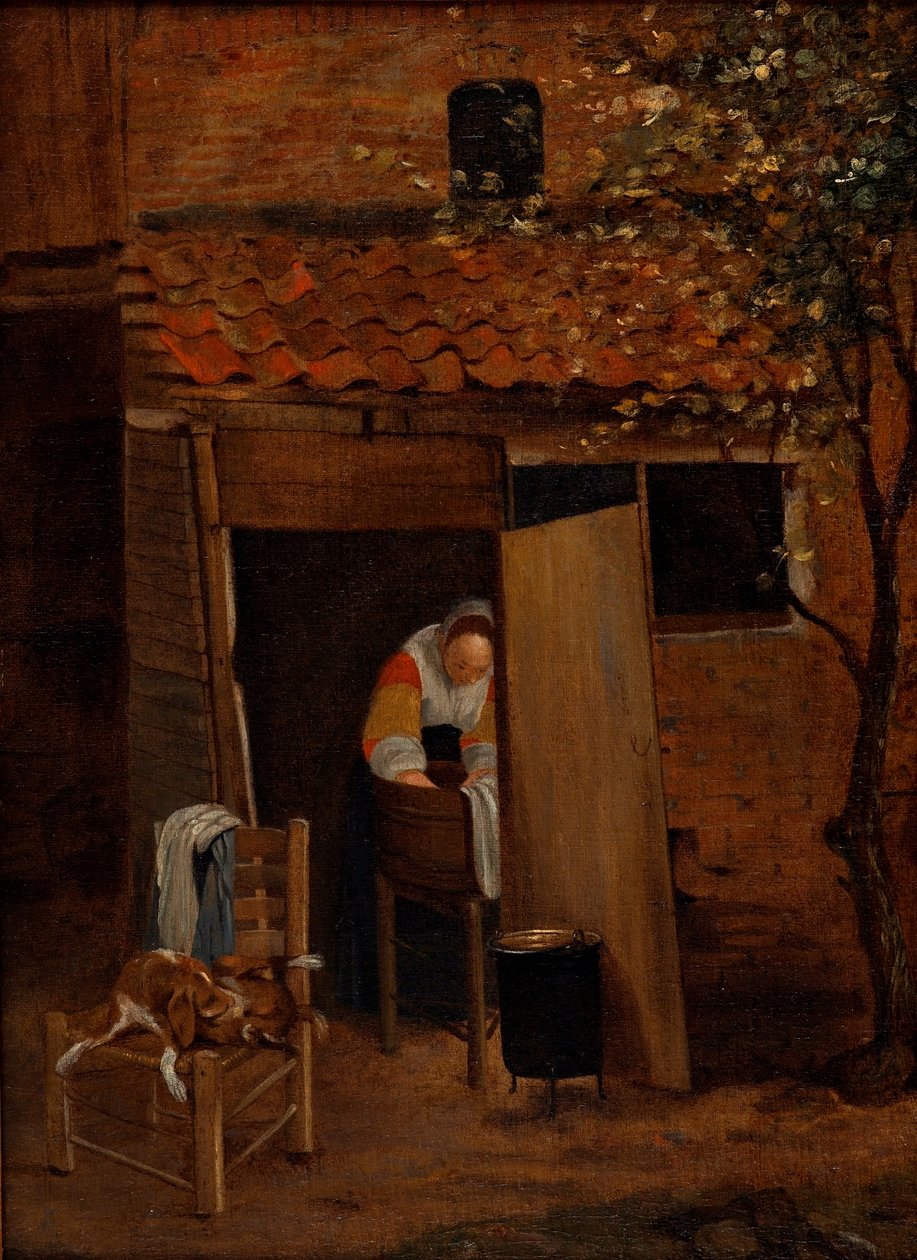 Meisje wast kleren in een binnenplaats in Zwolle, na 1653 door Pieter de Hooch