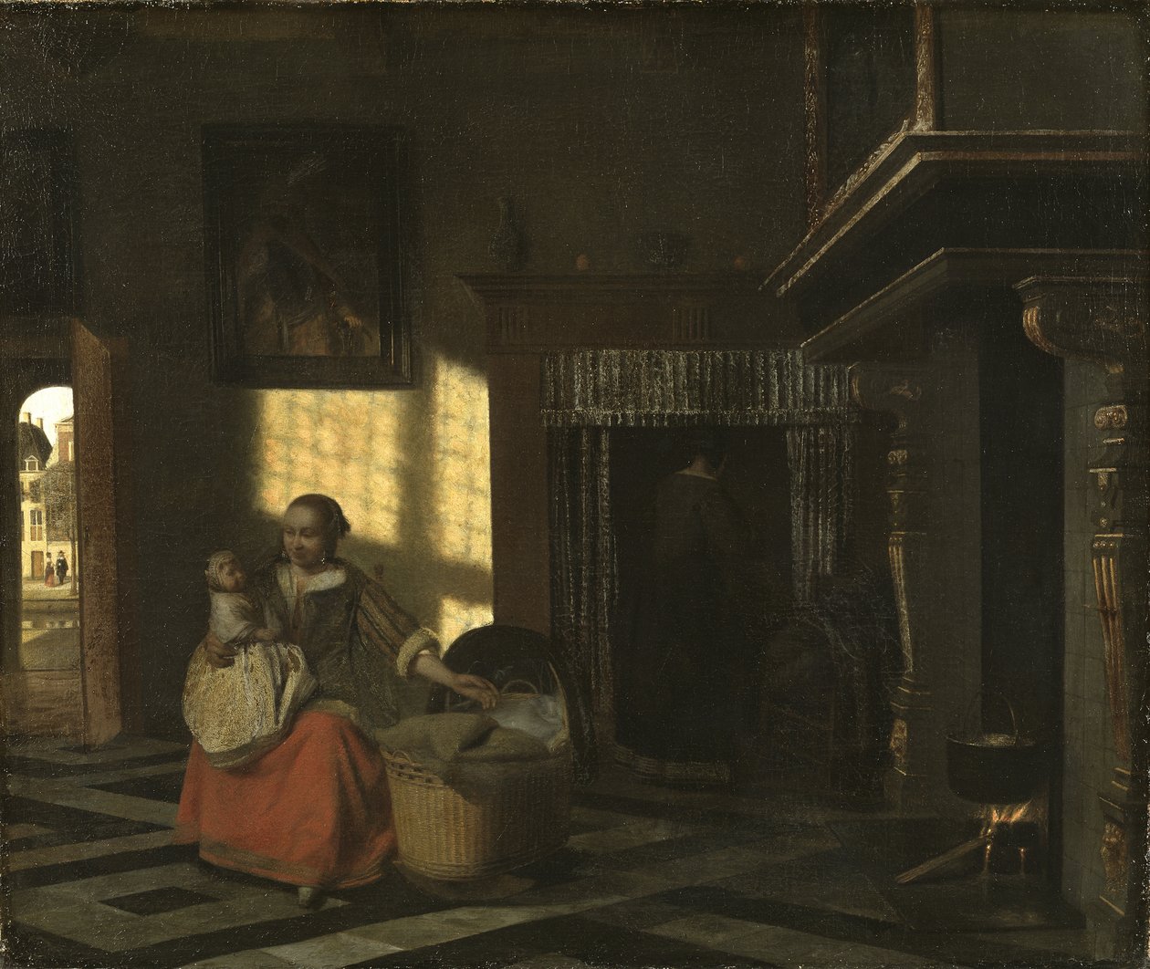 Interieur met een moeder bij een wieg, door Hooch, Pieter de door Pieter de Hooch