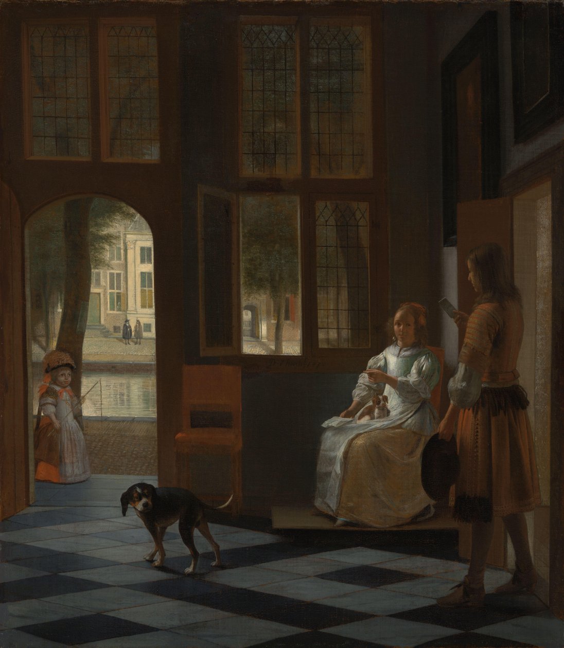 Man geeft een brief aan een vrouw in de hal van een huis door Pieter de Hooch