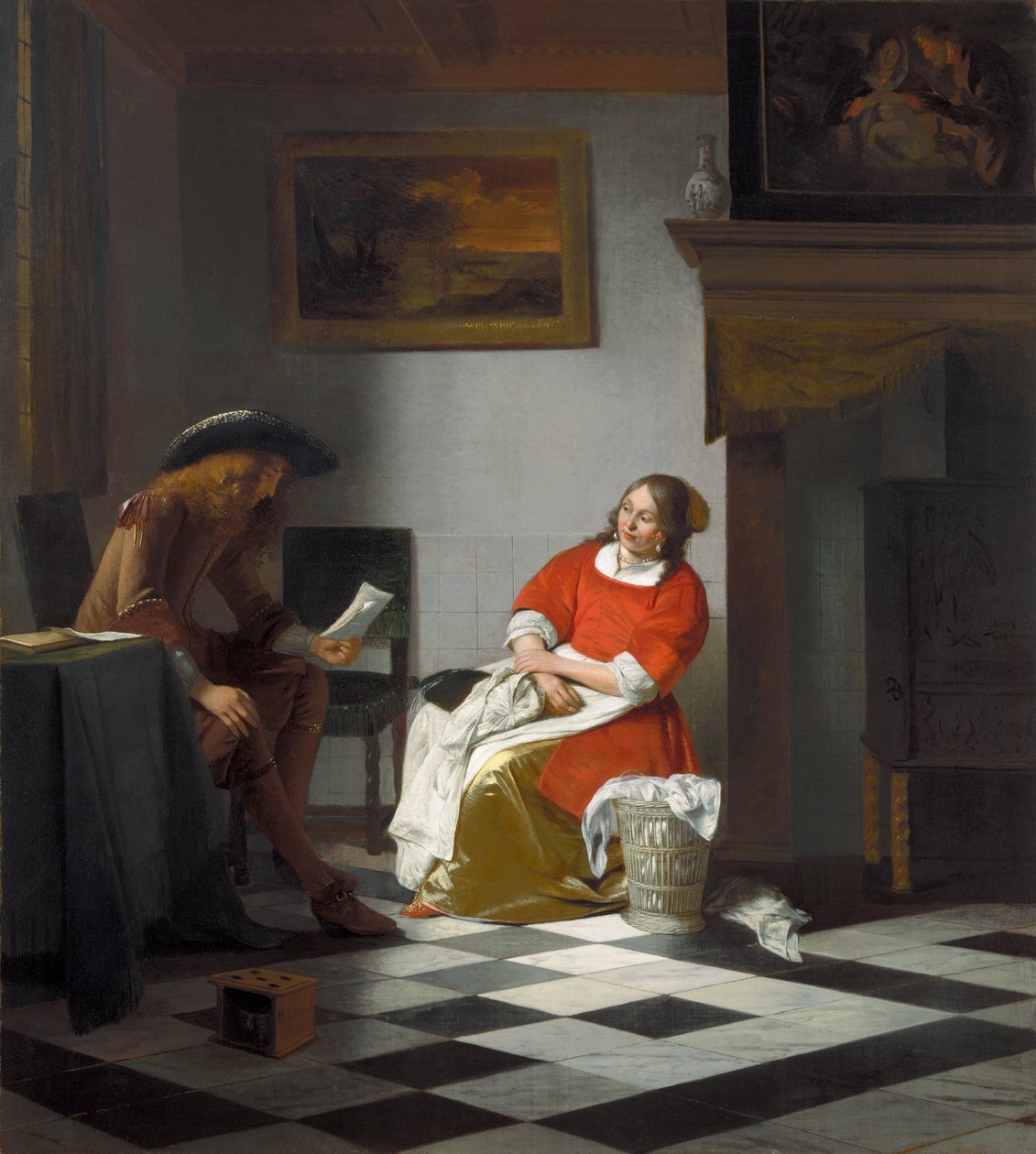 Man leest een brief voor aan een vrouw door Pieter de Hooch