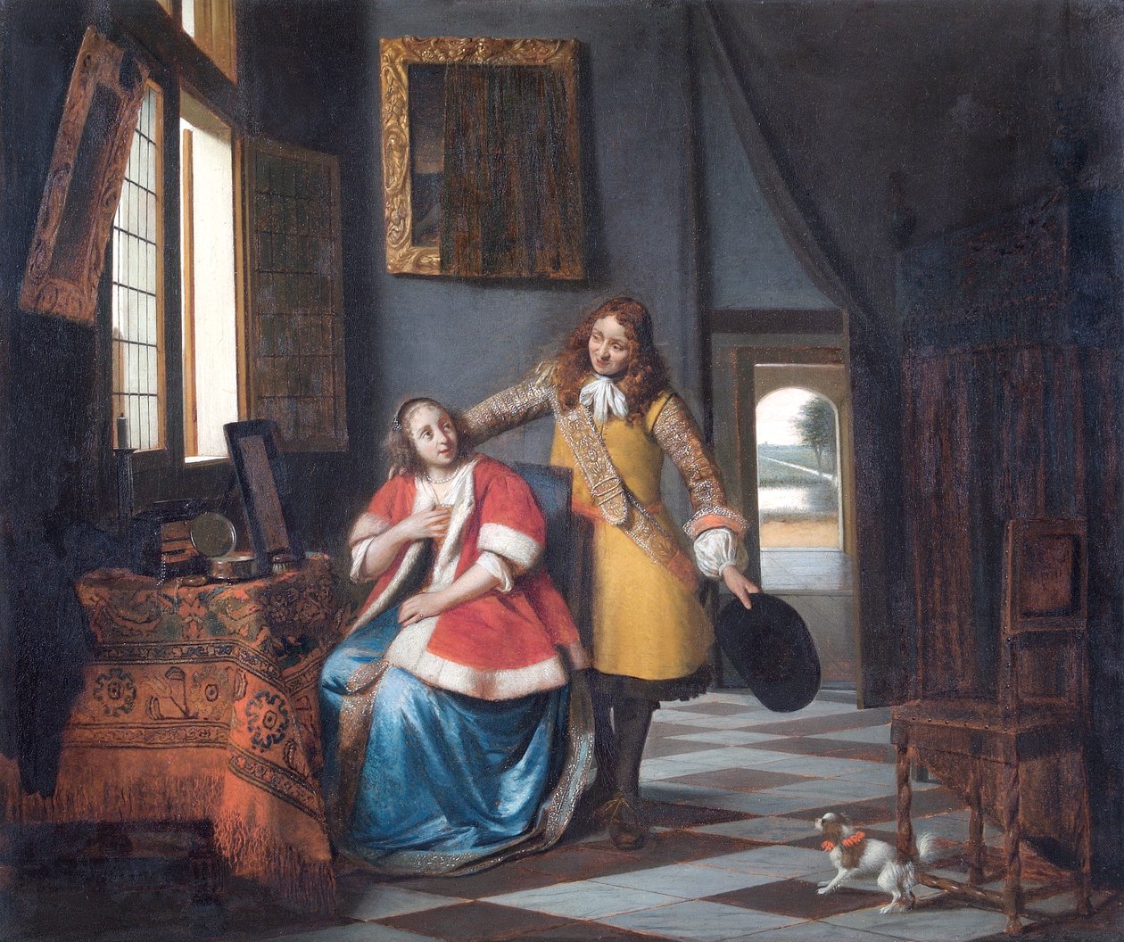 De indringer: een dame bij haar toilet, verrast door haar minnaar door Pieter de Hooch