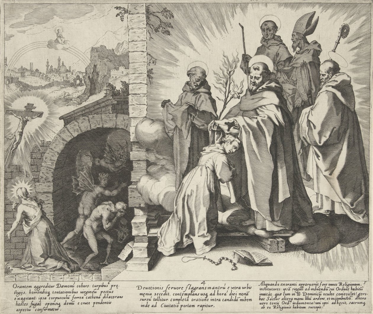 Catharina biddend / Visioen van Catharina / Catharina wordt dominicanes (Scènes uit het leven en wonderen van de Heilige Catharina van Siena) door Pieter de Jode (I)
