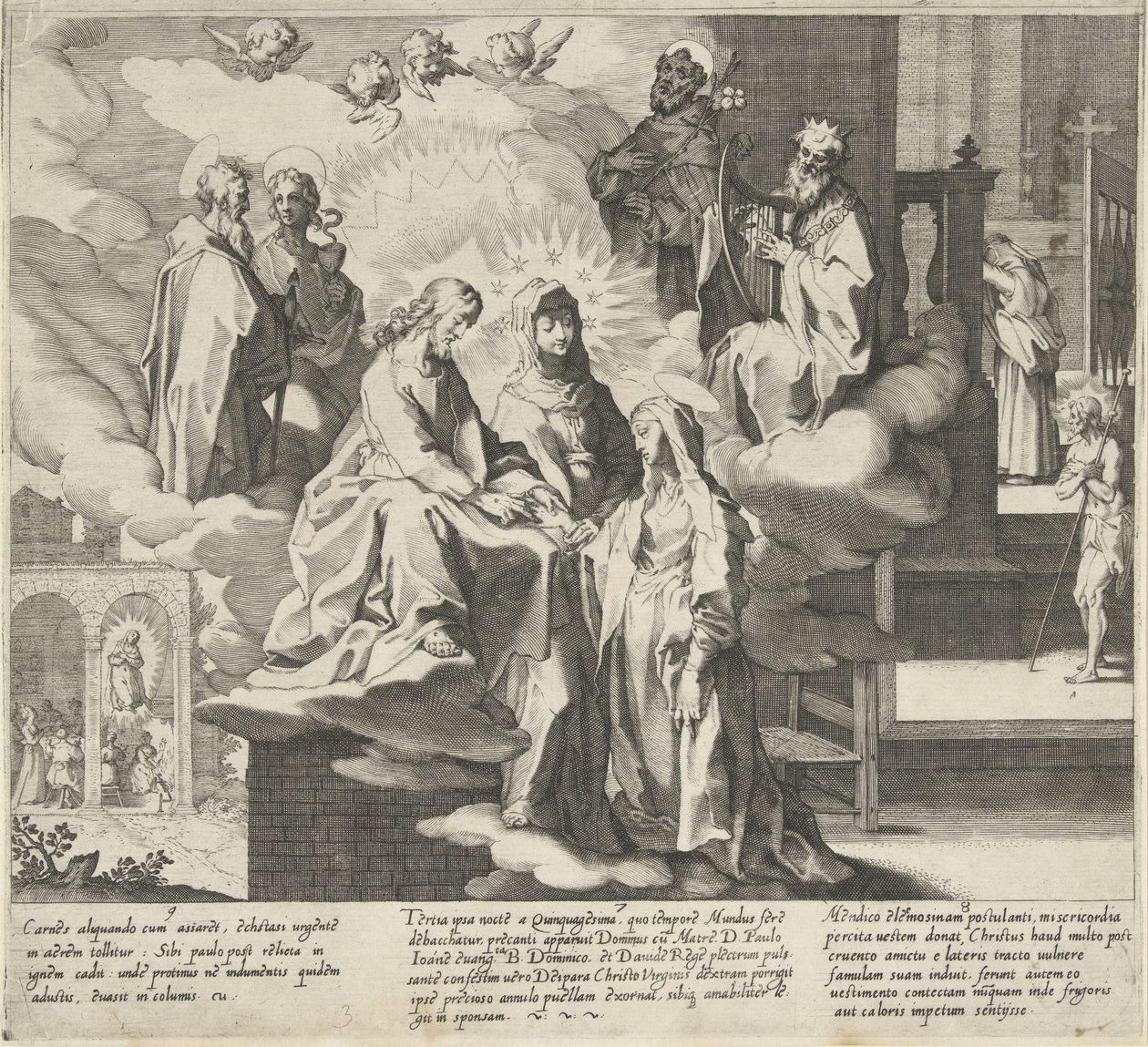 Catharina verschijnt / Huwelijk van Catharina / Catharina deelt haar mantel Scènes uit het leven en wonderen van de Heilige Catharina van Siena door Pieter de Jode (I)