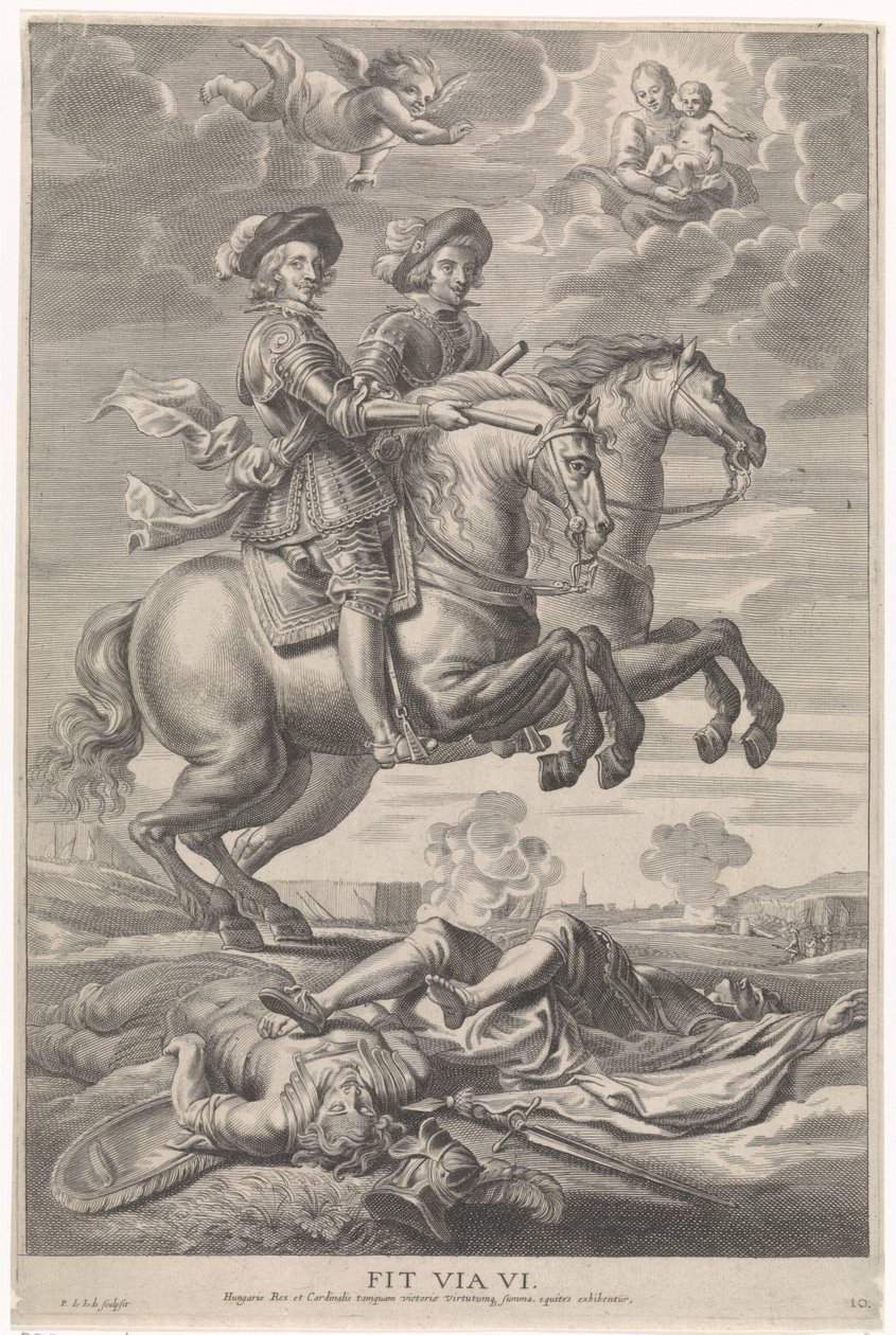 Ferdinand van Oostenrijk met Ferdinand, koning van Bohemen en Hongarije, te paard bij de overwinning bij Nördlingen door Pieter de Jode (II)