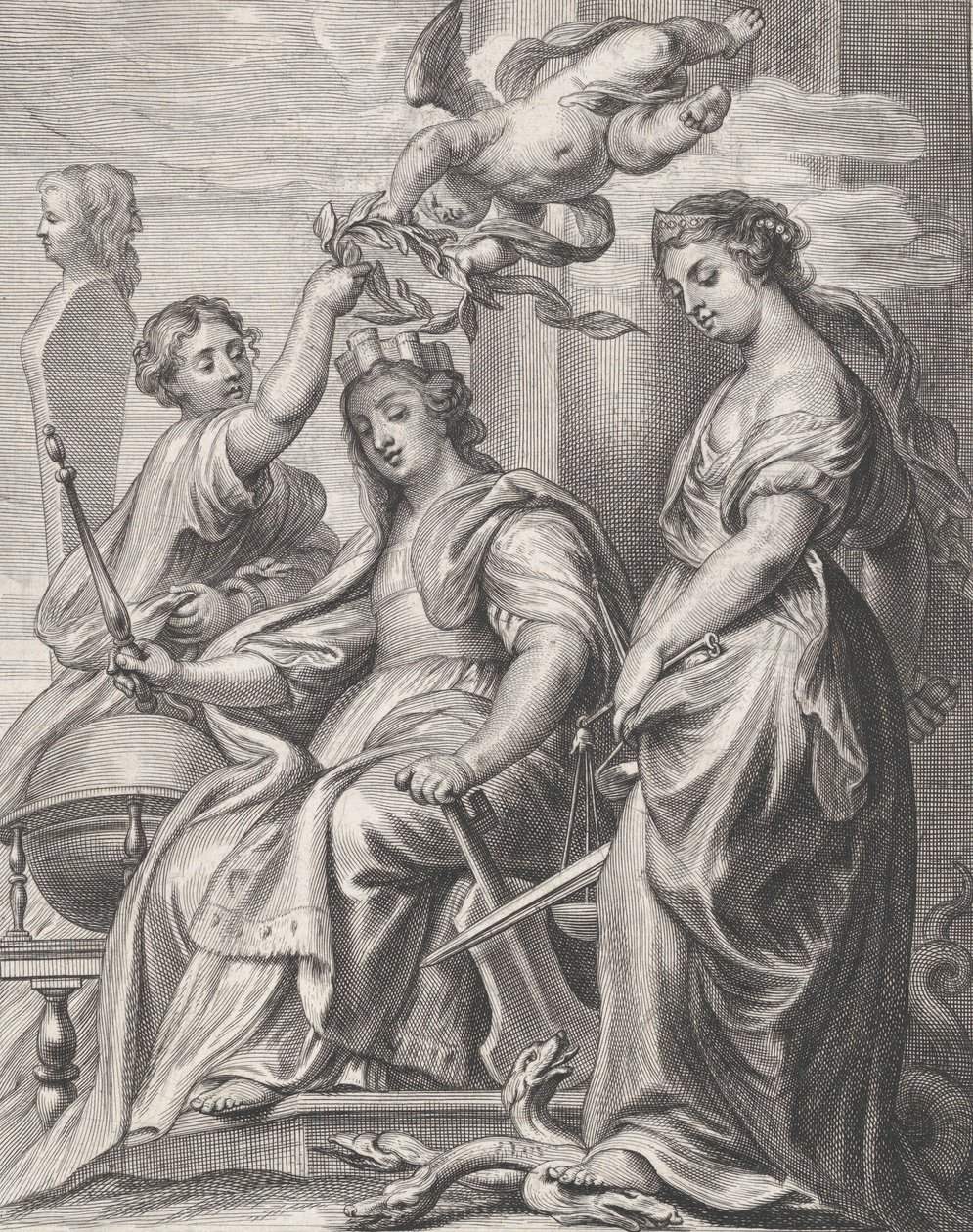 Allegorie van Goed Bestuur, zittend in het midden en gekroond door een putto en een vrouw door Pieter de Jode II