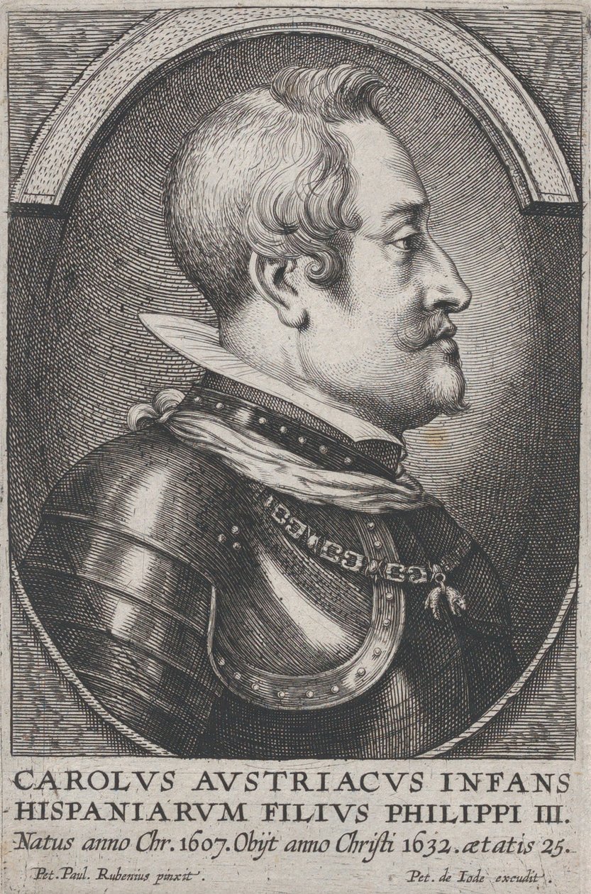 Portret van Karel van Oostenrijk, Infante van Spanje, in profiel naar rechts, ca. 1650 door Pieter de Jode II
