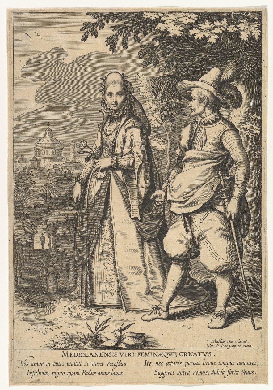 Mediolanensis Viri Feminaeque Ornatus, uit Mode van Verschillende Naties door Pieter de Jode I