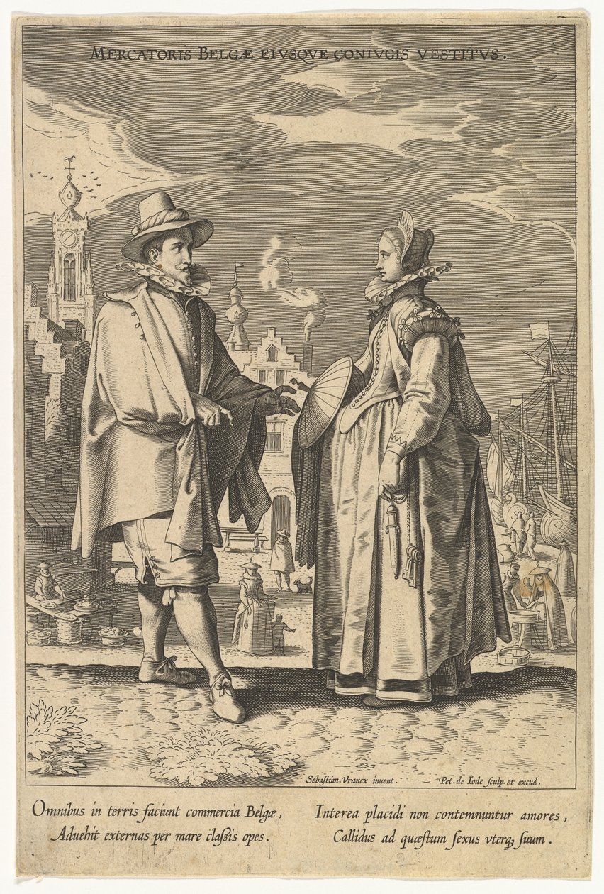 Mercatoris Belgae Eiusque Coniugis Vestitus, uit Mode van Verschillende Naties, n.d. door Pieter de Jode I
