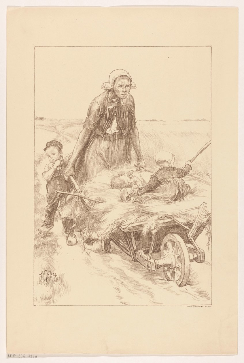 Boerin die een kruiwagen met hooi en twee kinderen duwt door Pieter de Josselin