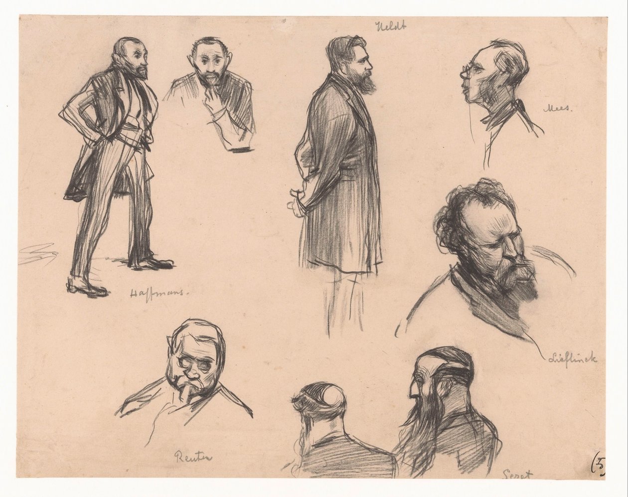 Portretten van de Kamerleden J.H.L. Haffmans, B.H. Heldt, R.P. Mees, Generaal A.E. Reuter, kapitein H. Seret en F. Lieftinck door Pieter de Josselin