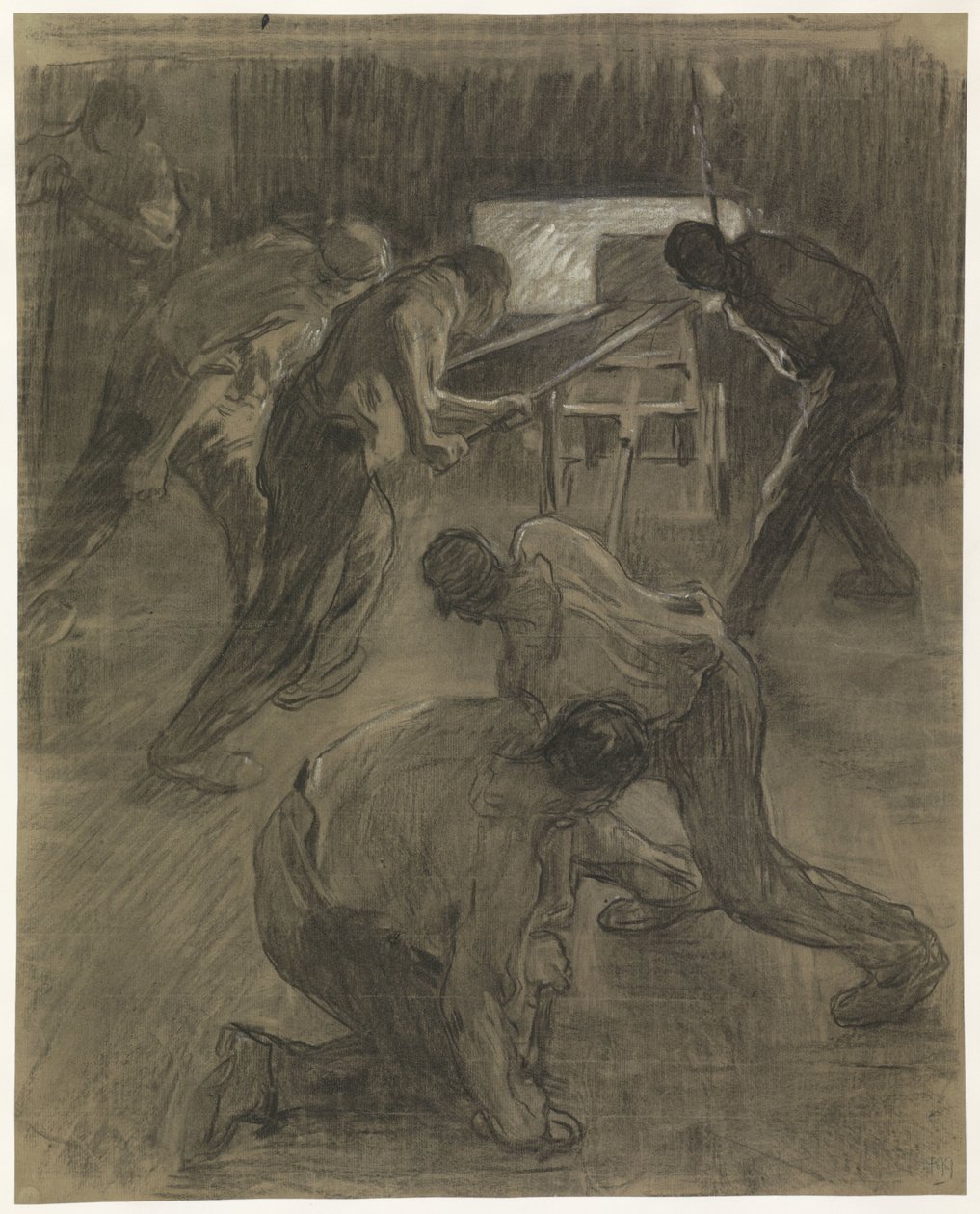 Zes arbeiders aan het werk in de hoogovens door Pieter de Josselin