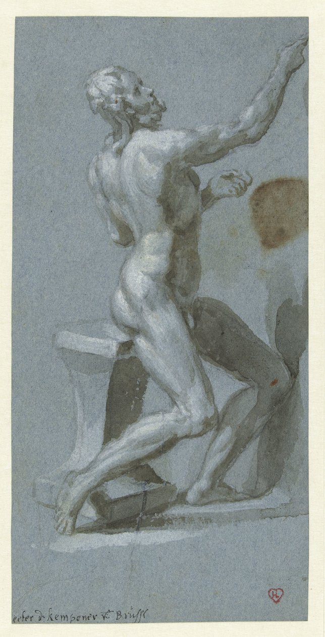 Zittende naakte man, naar rechts door Pieter de Kempener