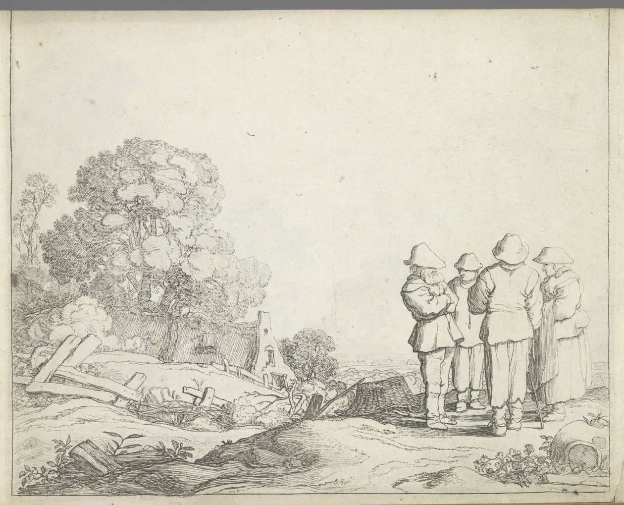 Landschap met drie boeren en een boerin door Pieter de Molijn