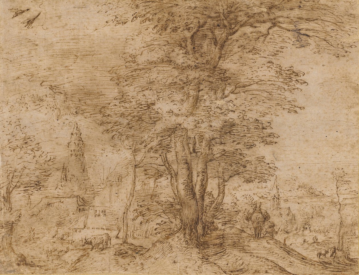 Een dorp met een groep bomen en een muilezel, ca. 1552-54 door Pieter Bruegel the Elder